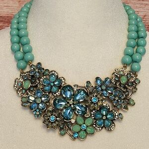 Heidi Daus Flower Bib Stunning Necklace in Melange of Turquoise/Aqua col…